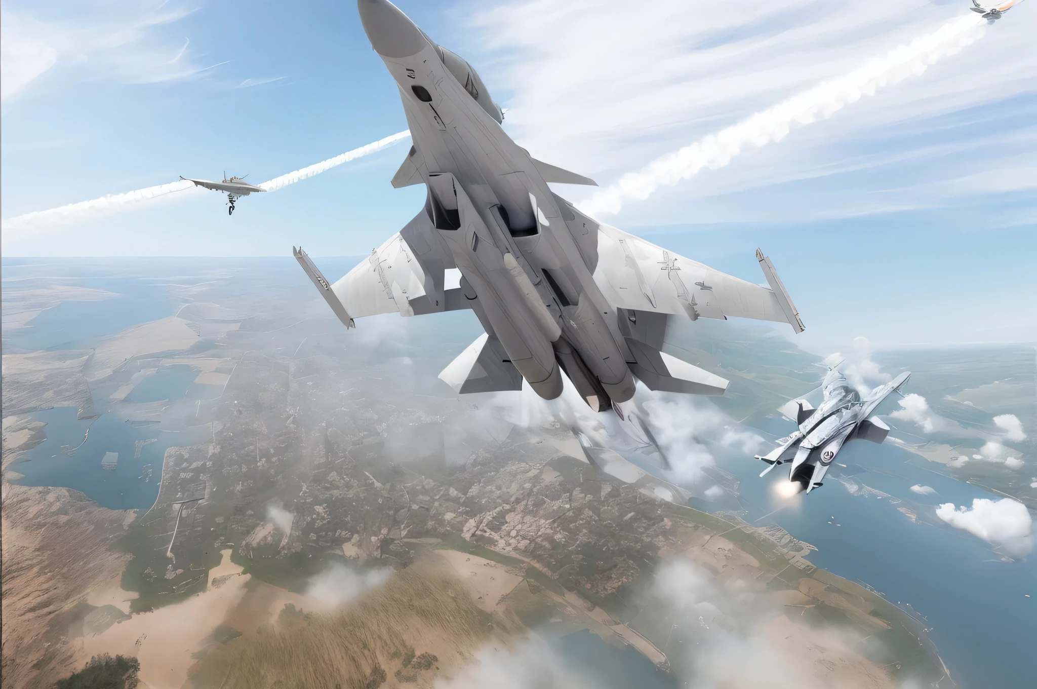 Two jets flying over a body of water, Ace air combat, 喷气式fighter jets background, Ace air combat, fighter jetss, background aerial battle, 喷气式fighter jetss, fighter jets, 3d render”, 喷气式fighter jets, valkyrie fighter jets, fighter jets无人机, stunning vfx, High quality digital concept art, 3D rendering and cutout, widescreen shooting, vfx, 第五代fighter jets