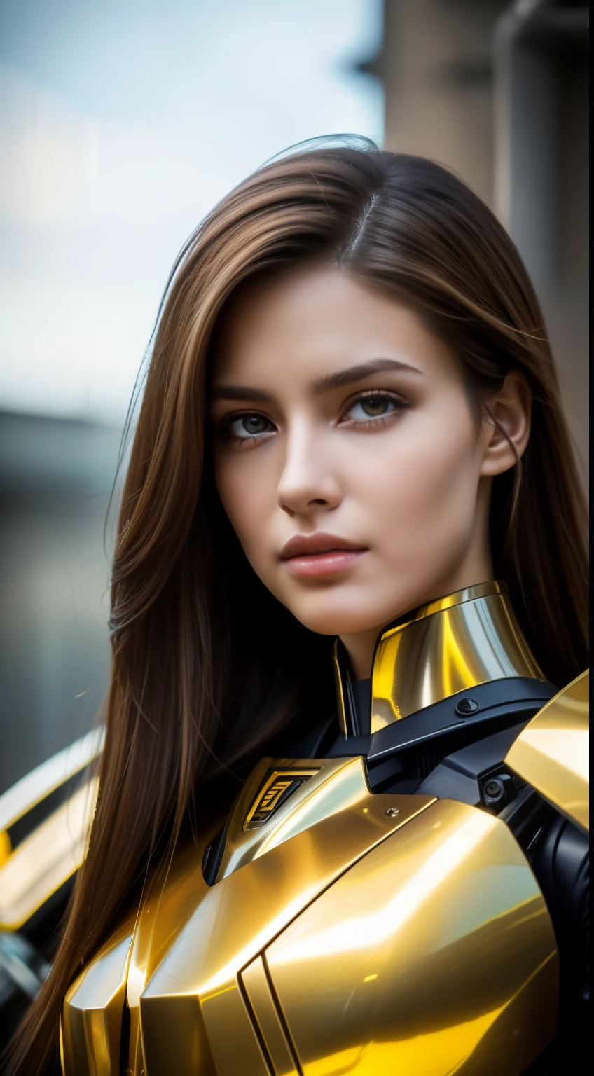 (best quality,4k,8k,highres,masterpiece:1.2),ultra-detailed,(realistic,photorealistic,photo-realistic:1.37),portrait,sci-fi,beautiful detailed eyes,beautiful detailed lips,extremely detailed hair,brown hair,long hair,beautiful facial features,brown eyes,mecha suit,mecha armor,strong and confident pose,raised hand,shiny metallic textures,reflection of the surroundings on the armor,impressive machinery design,advanced technology details,prison environment,eerie lighting,strong shadows,saliva droplets on the lips,vivid colors,dominant brown tones,subtle highlights on the hair,sharp focus on the girl's face,bokeh effect on the background,dramatic atmosphere