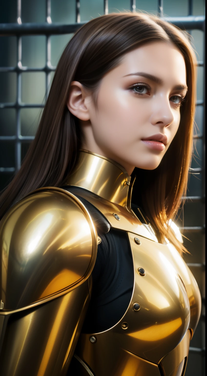 (best quality,4k,8k,highres,masterpiece:1.2),ultra-detailed,(realistic,photorealistic,photo-realistic:1.37),portrait,sci-fi,beautiful detailed eyes,beautiful detailed lips,extremely detailed hair,brown hair,long hair,beautiful facial features,brown eyes,mecha suit,mecha armor,strong and confident pose,raised hand,shiny metallic textures,reflection of the surroundings on the armor,impressive machinery design,advanced technology details,prison environment,eerie lighting,strong shadows,saliva droplets on the lips,vivid colors,dominant brown tones,subtle highlights on the hair,sharp focus on the girl's face,bokeh effect on the background,dramatic atmosphere