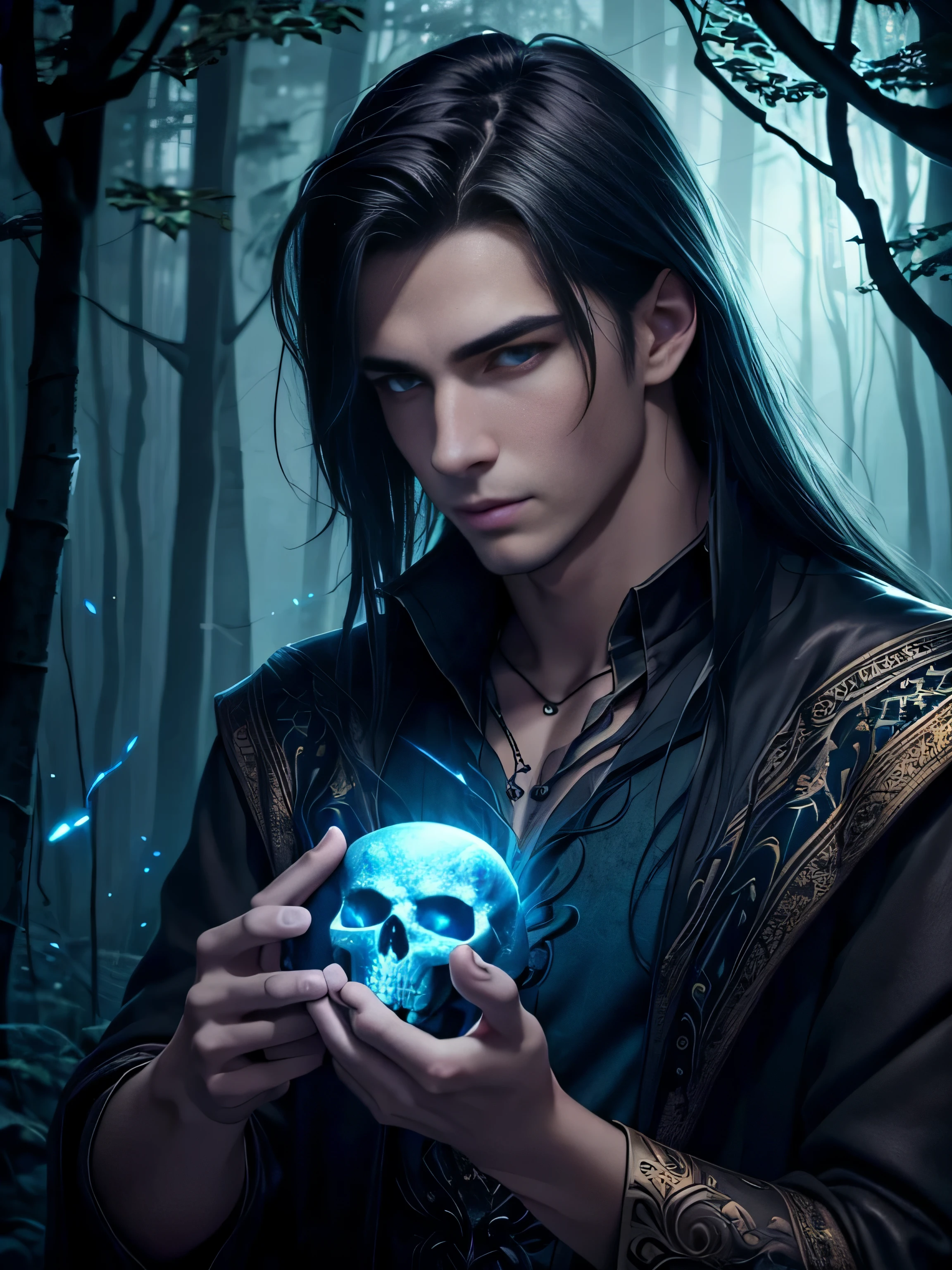 handsome young man with dark hair, holding a skull, Fantasy, night forest background and gravestones, blue fireflies, medieval, mysterious, Gloomy mood, ultra detail, Hair detailing, Artstation, deviant art