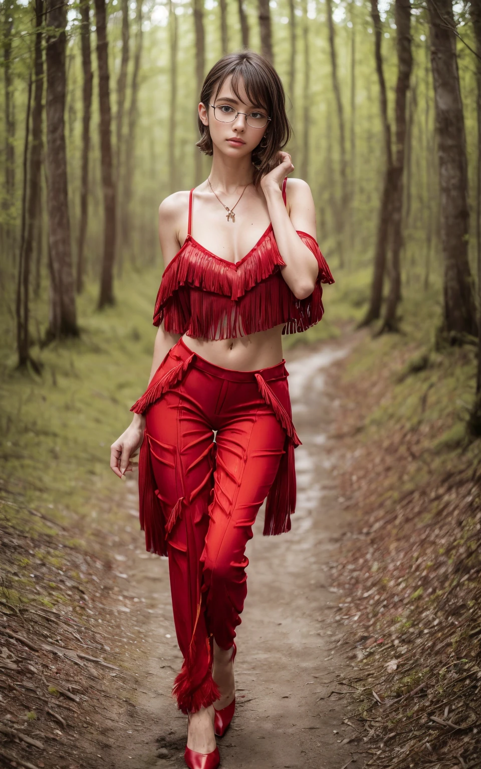 (8K, Masterpiece, RAW photo, Best quality, detail:1.3), (ultra realistic Natural background, scenary:1.5), Depth of field, Cinematic light, (ultra realistic face), (1 picture of 1 solo girl Airim Jones:1.6), 1girl, (Beautiful and elegant Russian girl), (skinny girl with glasses), (European face:1.3), (perfect complete full body:1.5), (small necklace, collarbone:1.1), ( [bangs|pigtails|bob|pixie] hair:1.5), (ultra detailed skin:1.4), (sexy red outfit:1.6),, (Fringed Hem Pants:1.55), (perfect standing pose:1.5), (perfect long legs:1.4)