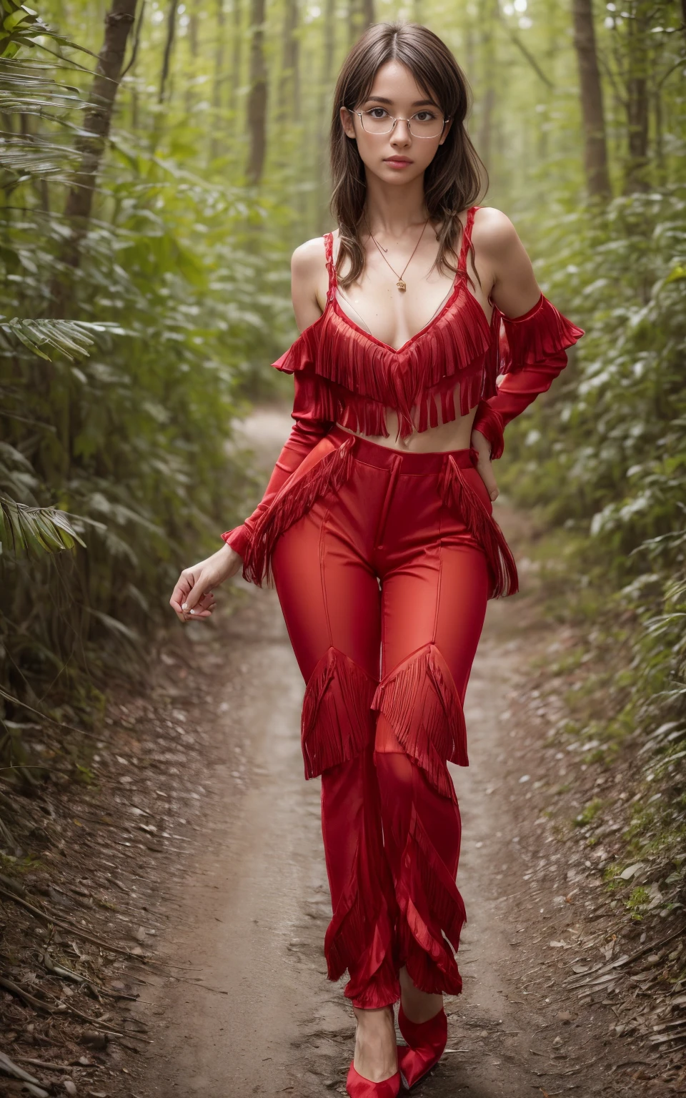 (8K, Masterpiece, RAW photo, Best quality, detail:1.3), (ultra realistic Natural background, scenary:1.5), Depth of field, Cinematic light, (ultra realistic face), (1 picture of 1 solo girl Airim Jones:1.6), 1girl, (Beautiful and elegant Russian girl), (skinny girl with glasses), (European face:1.3), (perfect complete full body:1.5), (small necklace, collarbone:1.1), ( [bangs|pigtails|bob|pixie] hair:1.5), (ultra detailed skin:1.4), (sexy red outfit:1.6),, (Fringed Hem Pants:1.55), (perfect standing pose:1.5), (perfect long legs:1.4)