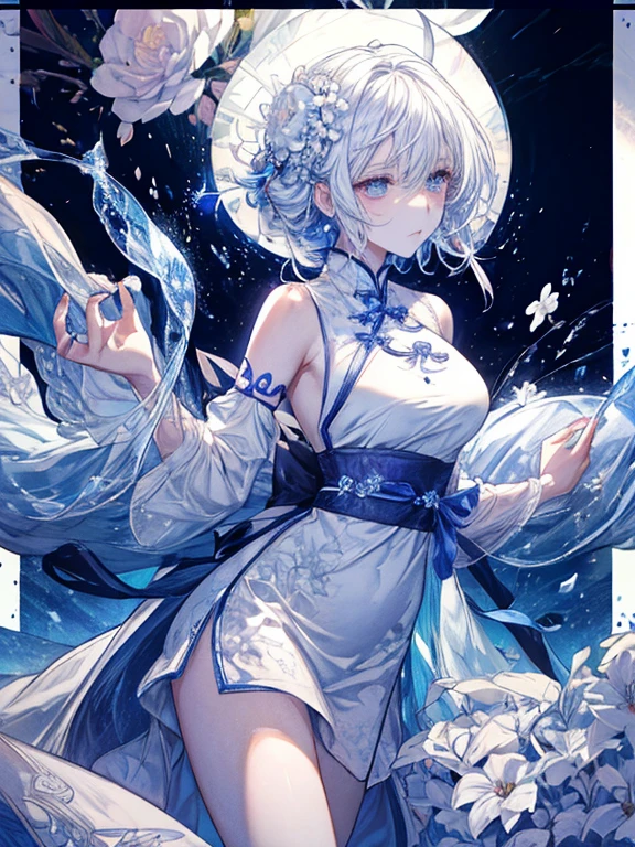 scenecy, Paradise in Heaven, White lighting,(masutepiece), (Best Quality), (Cinematic), 8K, (art  stations), Li Yue painting style.(長い白い髪とSilvery eyesを持つ1人の女), (流れるような白くSheerドレス)、(Beautiful delicate face)、[ Particle Lou Full Moon] [Frozen trees々] [landscape crystal] [Lighting] [Ethereal Atmosphere]:1.1] [Fantasy, short story] [soft Lighting] [+Cinematic shot]:1.2 [+art  stations] [+luminous white background] [+soft Lighting] [soft glow] [Creative and dynamic angles]:1.3, [+Crystal Toning] 、masutepiece, ighly detailed, Ultra-detailed, Solo, (pale skin), Silvery eyes, Frosty white hair, (snowy background), (snowflake rosen flower:1.0), crystal crown, (shining crystal), (((白くSheerドレス))), (Snowy ground), (Icy breath), (White lashes), 花のある部屋に立つSheer繊細なウェディングドレスを着た美女, Female sexy、luxurious wedding, very magical and dreamy, dreamy and detailed, ethereal fairy tale, The setting of a fairy tale:,贅沢なSheer薄いドレス, dreamy diamond、たくさんのクリスタルが付いたSheerドレス, fantasy sheer dress, A magical dress with a transparent chest, crystal see-through dress, Feminine atmosphere and drama in a transparent dress with sparkling flowers, Gorgeous setting, 妖しい雰囲気 masutepiece, The most beautiful scenes, An majestic、(((full of white flowers)))、quiet and serene atmosphere、A charming, Sheer,The nipple is visible、large boob、sexy-S 100,たくさんのクリスタルが付いたSheerドレス, fantasy sheer dress, Transparent chest dress, See-through dress studded with crystals, Woman in a transparent dress with sparkling white flowers, intricate fantasy sheer dress, transparent rainbow color, Detailed translucent costume design, transparent dress, a stunning young ethereal figure, Bejeweled Opal Statue, fantasy transparent costume,pure white and dazzling、all white tones,Inside the crystal library,Transparent flowers and falling snow，Many white roses are planted,(flowingwater,falls,water bloom),The decoration is also carefully done.,Dreamy（ighly detailedです，Creative Design，crisp and precise lines，K HD，best qualtiy，tmasterpiece，超hight resolution，4K）、huge tit、Underwear models、Diverse poses、((beautiful white flower hair ornament))、beautiful hairl型、Full body view、sexymodel、Overhead view, look from above、(Best Quality, 4K, 8K, hight resolution, masutepiece:1.2), Ultra-detailed, Detailed expression, Graceful posture, dreamy ambiance, expressive brush strokes, mystic atmosphere, artistic interpretation,beautiful hairl，Delicate floral jewelry， 驚くほど小さな新鮮なスタイルのSheerドレス、(SFW:1.5), (Oversized breasts, best body proportions, proportions of large breasts,:1.5),