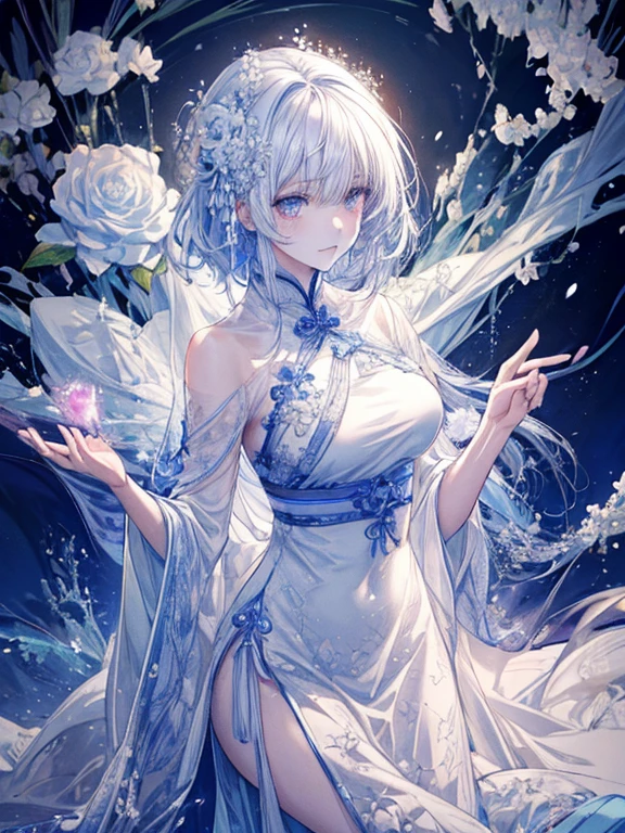 scenecy, Paradise in Heaven, White lighting,(masutepiece), (Best Quality), (Cinematic), 8K, (art  stations), Li Yue painting style.(長い白い髪とSilvery eyesを持つ1人の女), (流れるような白くSheerドレス)、(Beautiful delicate face)、[ Particle Lou Full Moon] [Frozen trees々] [landscape crystal] [Lighting] [Ethereal Atmosphere]:1.1] [Fantasy, short story] [soft Lighting] [+Cinematic shot]:1.2 [+art  stations] [+luminous white background] [+soft Lighting] [soft glow] [Creative and dynamic angles]:1.3, [+Crystal Toning] 、masutepiece, ighly detailed, Ultra-detailed, Solo, (pale skin), Silvery eyes, Frosty white hair, (snowy background), (snowflake rosen flower:1.0), crystal crown, (shining crystal), (((白くSheerドレス))), (Snowy ground), (Icy breath), (White lashes), 花のある部屋に立つSheer繊細なウェディングドレスを着た美女, Female sexy、luxurious wedding, very magical and dreamy, dreamy and detailed, ethereal fairy tale, The setting of a fairy tale:,贅沢なSheer薄いドレス, dreamy diamond、たくさんのクリスタルが付いたSheerドレス, fantasy sheer dress, A magical dress with a transparent chest, crystal see-through dress, Feminine atmosphere and drama in a transparent dress with sparkling flowers, Gorgeous setting, 妖しい雰囲気 masutepiece, The most beautiful scenes, An majestic、(((full of white flowers)))、quiet and serene atmosphere、A charming, Sheer,The nipple is visible、large boob、sexy-S 100,たくさんのクリスタルが付いたSheerドレス, fantasy sheer dress, Transparent chest dress, See-through dress studded with crystals, Woman in a transparent dress with sparkling white flowers, intricate fantasy sheer dress, transparent rainbow color, Detailed translucent costume design, transparent dress, a stunning young ethereal figure, Bejeweled Opal Statue, fantasy transparent costume,pure white and dazzling、all white tones,Inside the crystal library,Transparent flowers and falling snow，Many white roses are planted,(flowingwater,falls,water bloom),The decoration is also carefully done.,Dreamy（ighly detailedです，Creative Design，crisp and precise lines，K HD，best qualtiy，tmasterpiece，超hight resolution，4K）、huge tit、Underwear models、Diverse poses、((beautiful white flower hair ornament))、beautiful hairl型、Full body view、sexymodel、Overhead view, look from above、(Best Quality, 4K, 8K, hight resolution, masutepiece:1.2), Ultra-detailed, Detailed expression, Graceful posture, dreamy ambiance, expressive brush strokes, mystic atmosphere, artistic interpretation,beautiful hairl，Delicate floral jewelry， 驚くほど小さな新鮮なスタイルのSheerドレス、(SFW:1.5), (Oversized breasts, best body proportions, proportions of large breasts,:1.5),