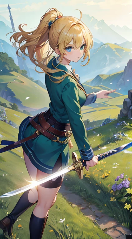 (Anime-style: 1.2), (Golden-haired character: 1.3), (Green-eyed: 1.2), (Updo hairstyle: 1.1), (Blue-themed attire: 1.2), (Sword plunged into the ground: 1.3), (Dynamic pose: 1.3), (Profile: 0.7), (Standing girl: 1.1), (Boots: 0.9), (Grassland: 1.3), (Clear sky: 1.0), (Back)