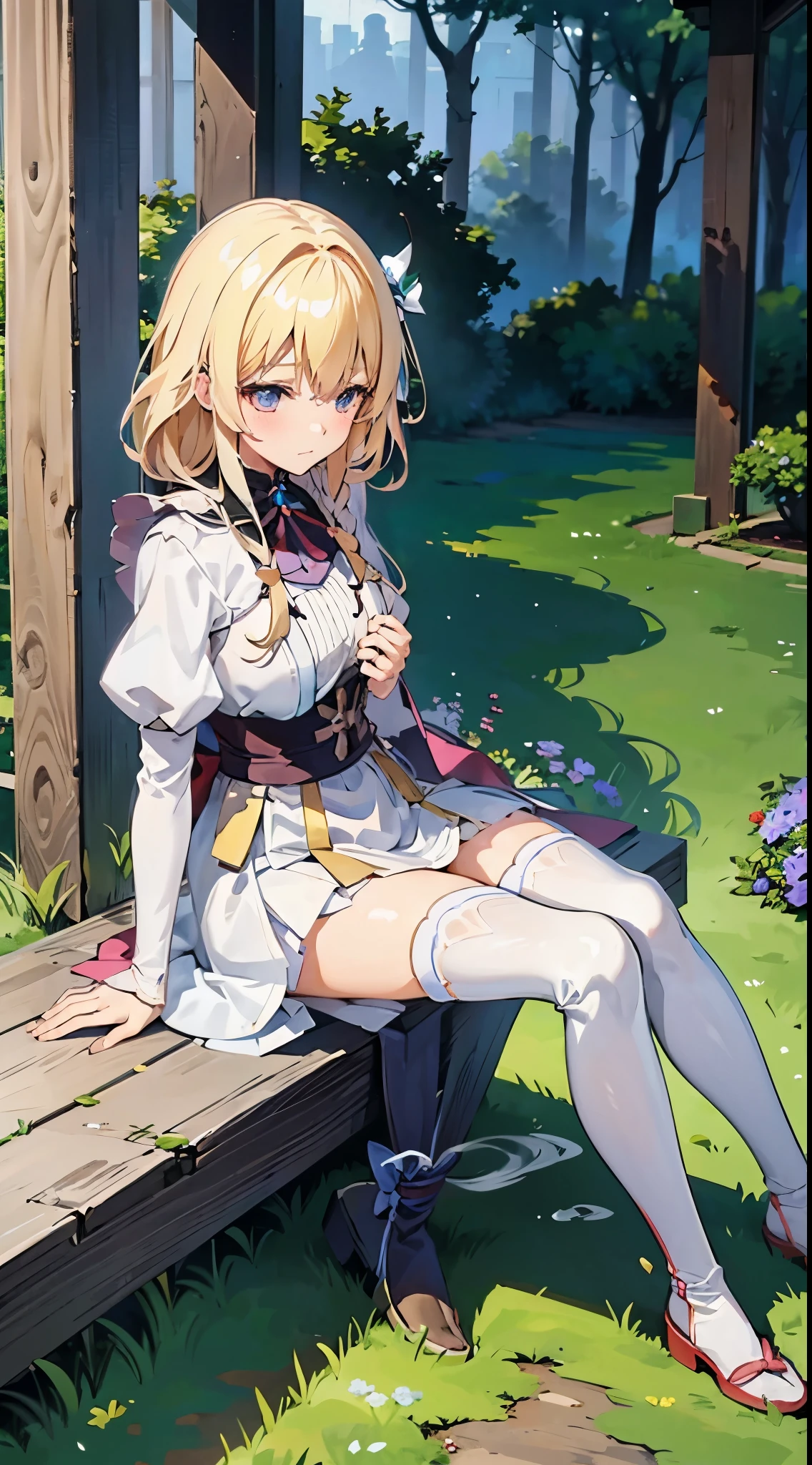 anime styled, The ultra -The high-definition, alice in the wonderland, Super cute girl, ((a blond:1.4)), ((Long:1.4)), shame, 恥ずかしさをこらえた表顔てLooking here, Light blue fluttering short dress, frilldの付いた白いエプロンスカートを重ねる, frilld, A large white ribbon is tied in the back around the waist of the dress. , B-cup breasts, Light blue fluttering mini skirt, 両足ともハイソックスは爪先から太ももの半ばあたりまである長い白色のknee high, ((knee high:1.4)), and draw the full body, In the forest where bright sunlight shines through, Clothes disheveled and chest exposed, teatsが見えている, ((teats:1.4)), Her skirt is in disarray and her crotch is visible., 股のFemale genitalsが見えている, ((Female genitals:1.4)), Pee, お漏らししてPeeが股から溢れ出ている, Lying on the ground, lying on one's side, Excreted urine drips down the thighs and wets the ground., ((pissing:1.5)), I'm holding out my hand as if to invite you here, Looking here, Please draw from a random direction at a low angle.