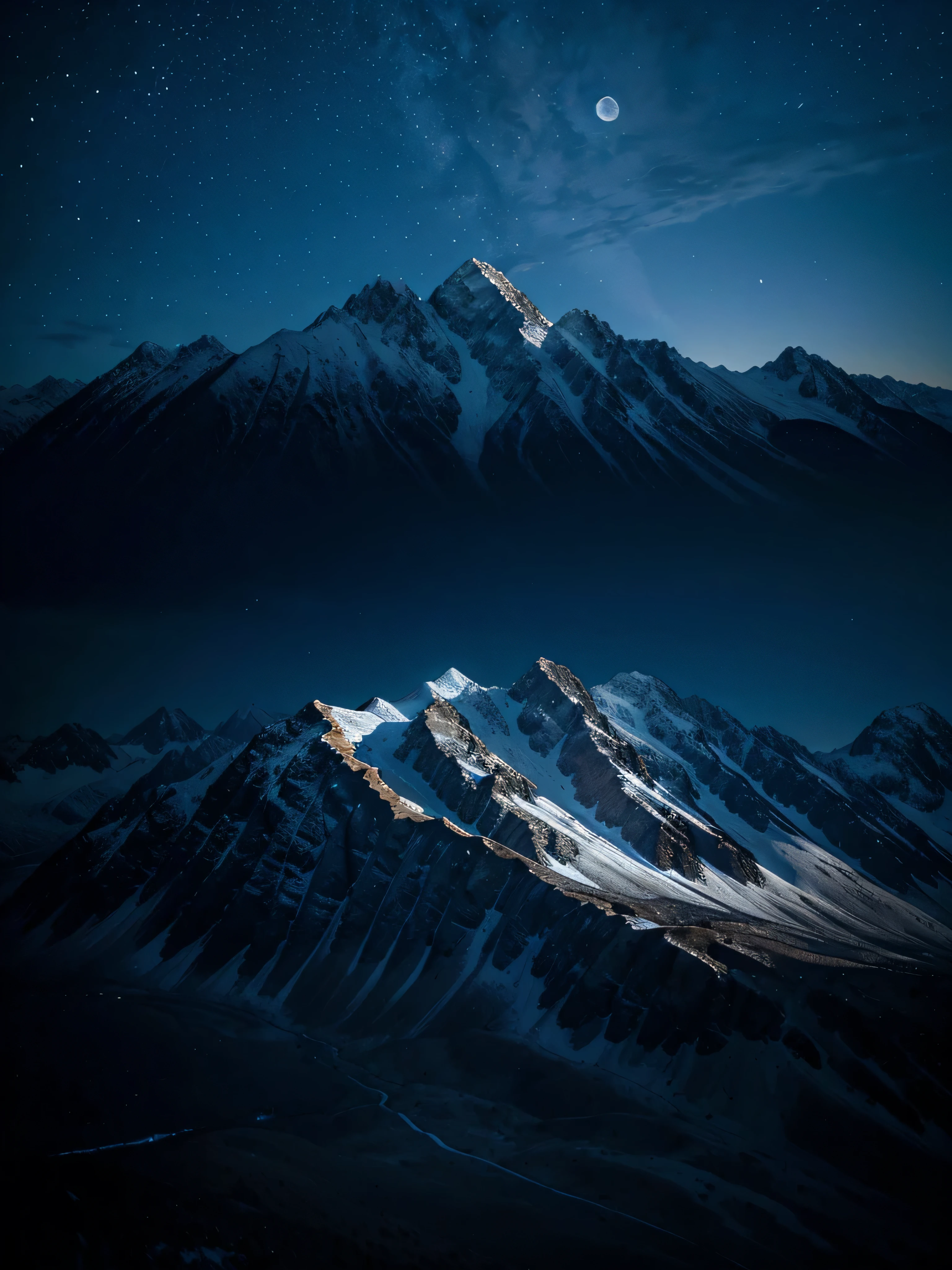 starry night and mountains cold lighting bluish moon sky and mountains seemes to be mixed with each other in very far view from a high place , hyper realistic , realistic , hd