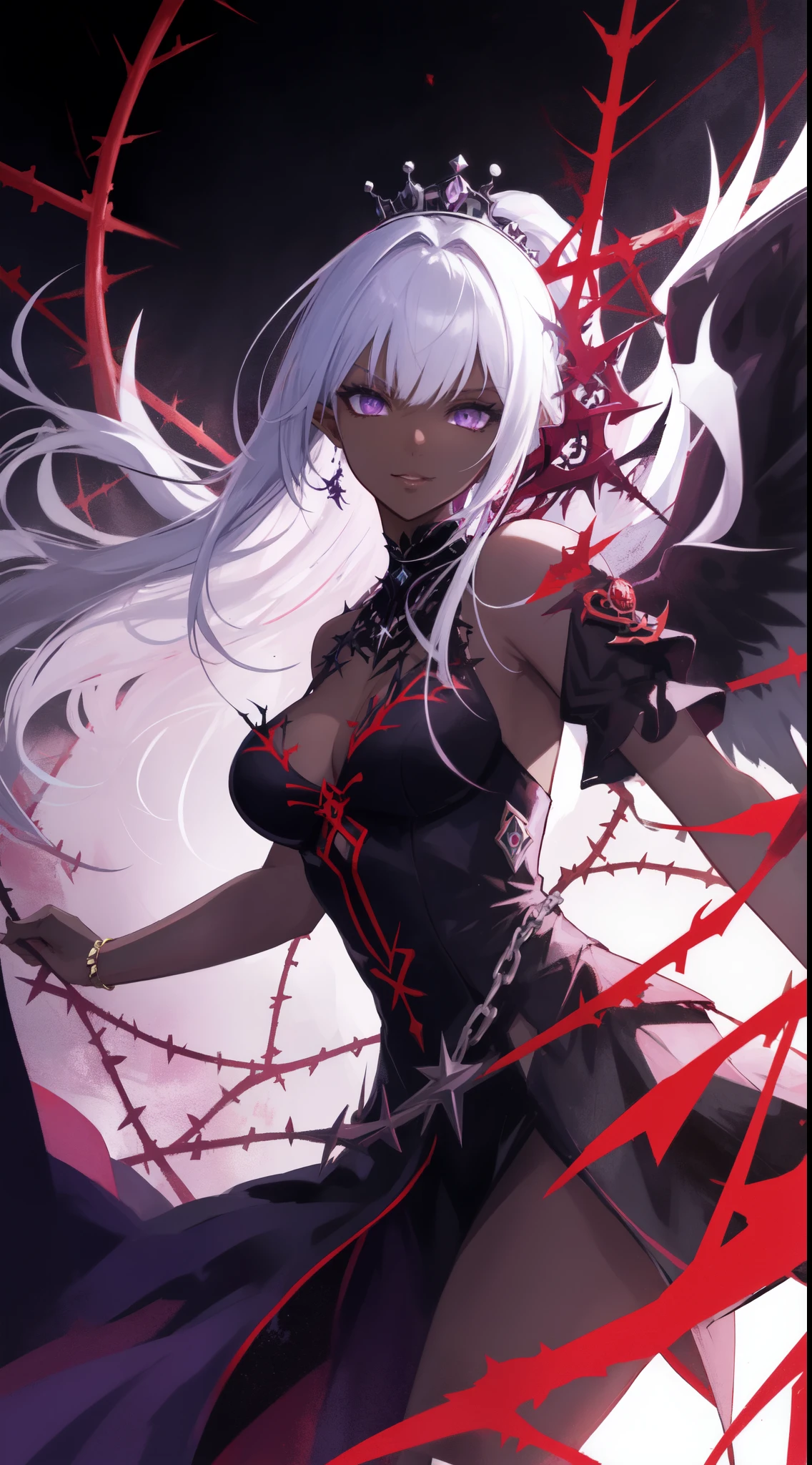 ((masterpiece, best quality)), official art, unity 8k wallpaper, ultra detailed, Amazing dark elf, Dark Angel, mystical aura, ((Obsidian black wings)), flowinggown, deep Purple, Motifs inspired by the occult, ((Crown of thorns)), Poisonous nightshade,  balls of fire, Dynamic pose, Darkness shrouded, High detail resolution, eerie moonlight, Mystic energy, Mysterious rituals, Dark atmosphere, r1ge, Crazy nothingness, Glowing eyes, Multiple eyes, Horror (Theme), BREAK, highly detailed of (dark elf), (1girl), solo, perfect face, details eye, ponytail, Blunt bangs, (hair between eye), white hair, violet eyes, fantasy art by Artgerm, by Kawacy, by Wadim kashin,BREAK, eyelashes, eyeshadow, pink eyeshadow, (dark skin:1.2), glaring, Mysterious smile, medium breast, BREAK, extremely detailed, dynamic angle,