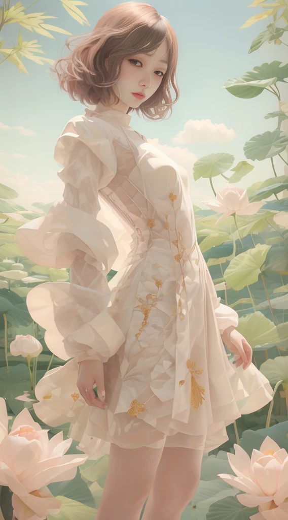1female，Small loli，Small breasts，Low chest exposure， 独奏，（Background with：bamboo forrest，lotuses，lotus flower，exteriors，Lotus pond） She has short black hair，standing on your feet，Sweat profusely，drenched all over the body，seen from the front， hair straight， mostly cloudy sky，（（（tmasterpiece），（Very detailed CG unity 8K wallpaper），best qualtiy，cinmatic lighting，detailed back ground，beatiful detailed eyeright pupillack eyes，（Very fine and beautiful），（Beautiful and detailed eye description），ultra - detailed，tmasterpiece，）），facing at camera，A high resolution，ultra - detailed），revealing breastare genitalia，  Bulge，legs are open，Raised sexy，Camel toelushed complexion，Open-mouthed，frontage，Gold Saint Seiya，（Wearing：Transparent robe，Gold wire embroidery，Armour，Iron Man uniform，cyber punk style）