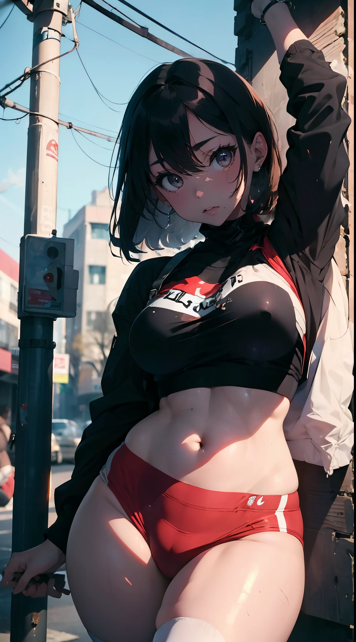 a smoking hot chick working that pole like it owes her money. Her body's a goddamn masterpiece and curvy. She's wearing this skin-tight outfit The whole place is buzzing with lust, and you can practically feel the sexual tension in the air.