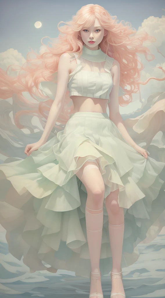 A beautiful woman, wearing (( crop top, skirt)), long hair, smiling face, full body, top quality, realistic, super detailed, 8k