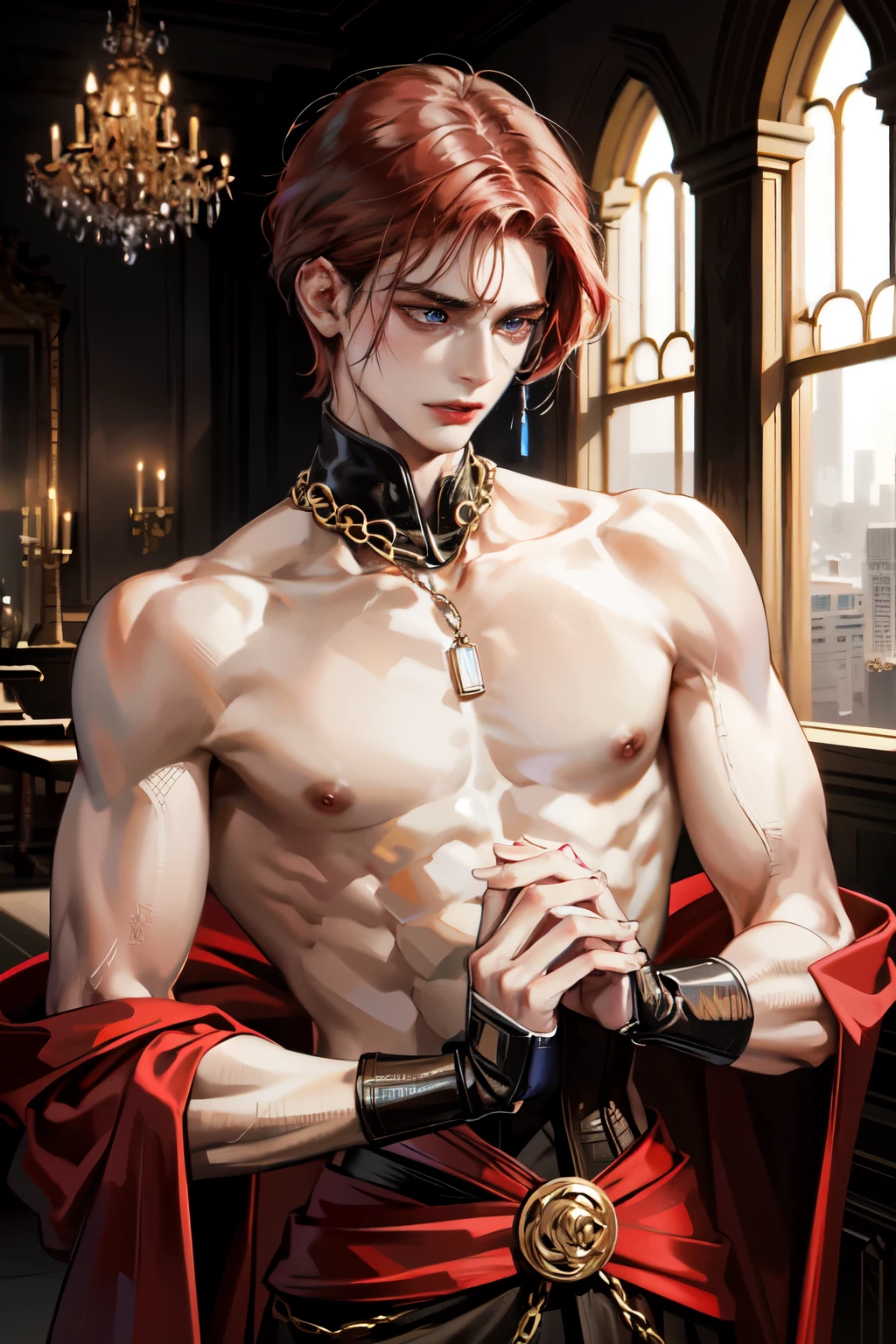 masterpiece, dark ambience, 1man:2, vampire, masculine, :2, bare shoulders, bare chest, wide face, angular jaw, attractive, masculine, beefcake, (muscular body), red hair:1.3, short hair, detailed eyes, beautiful eyes, upper body, lustrskin, pale skintone, handsome, blue eyes, dimly lit, old castle, intricate, gold interior, jewelry, collar, high quality
