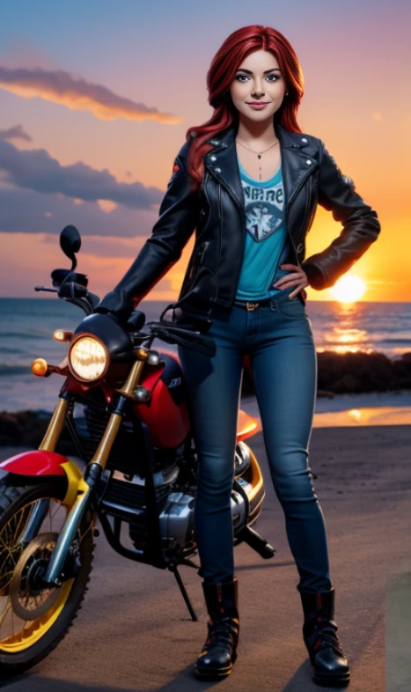 1 hermosa chica Europea , 16yr old , Sunsethuman , Sunset Shimmer from my little pony, Sunset Shimmer in the form of a girl , mlp , pechos grandes , linda blusa azul , small black jacket , pantalon de mezclilla azul ajustado , botas largas con tacon estilo motociclista , cinco dedos, manos detalladas, dos tonos de pelo, cabello rojo y amarillo , ojos color turqueza , esena completa, soleado , verano, hermosa sonrisa , lindo maquillaje , labios rojos , posando y saludando para foto , fondo variado , motocicleta