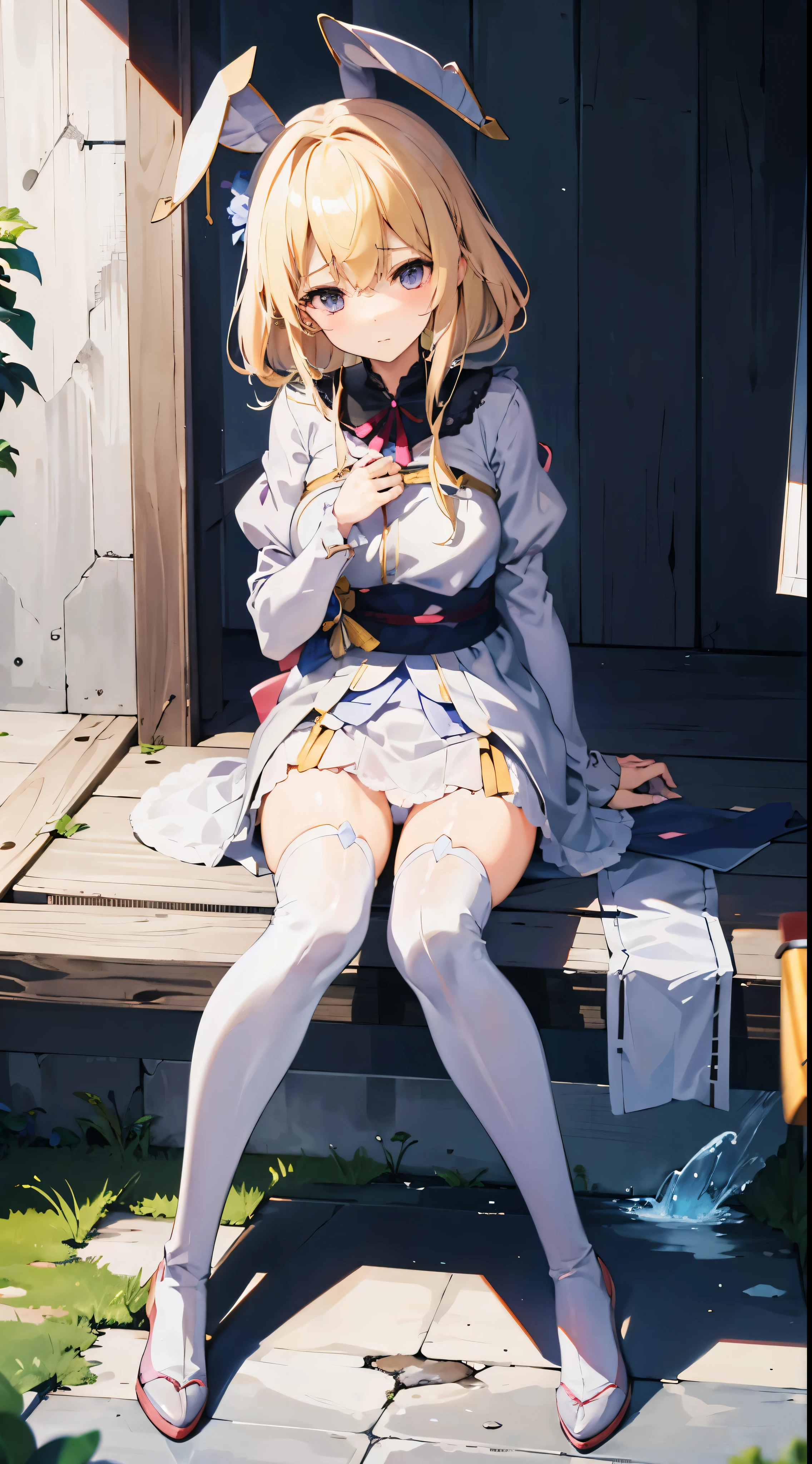 anime styled, The ultra -The high-definition, alice in the wonderland, Super cute girl, ((a blond:1.4)), ((long:1.4)), shame, 恥ずかしさをこらえた表顔てLooking here, light blue fluttering short dress, frilldの付いた白いエプロンスカートを重ねる, frilld, A large white ribbon is tied behind the waist of the dress.. , B-cup , Light blue fluttering mini skirt, 両足ともハイソックスは爪先から太ももの半ばあたりまであるlongい白色のknee high, ((knee high:1.4)), and draw the full body, in the forest where bright sunlight shines through, Clothes are disheveled、Chest exposed, teatsが見えている, ((teats:1.4)), Her skirt is disarrayed and her crotch is visible.., 股のFemale genita, ((Female genitals:1.4))漏らししてpeeが股から溢れ出ている, Lying on the ground, lying on one's side, Excreted urine runs down the thighs and wets the ground., ((pissing:1.5)), i&#39;H your hand as if inviting me here, Looking here, Please draw from a random direction at a low angle..