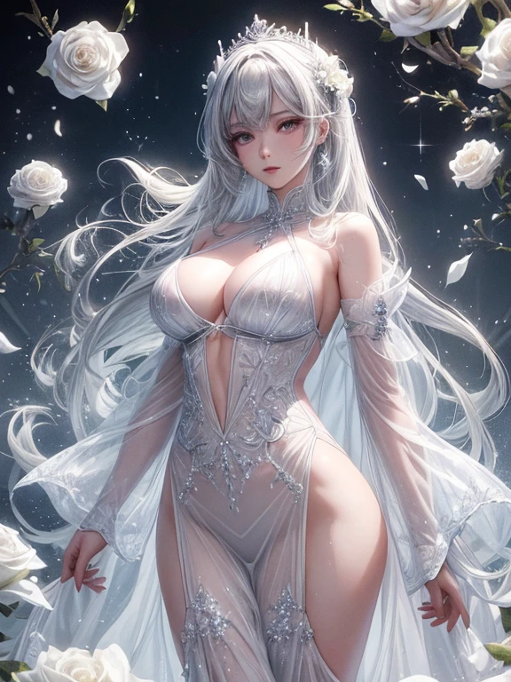 scenecy, Paradise in Heaven, White lighting,(masutepiece), (Best Quality), (Cinematic), 8K, (art  stations), Li Yue painting style.(長い白い髪とSilvery eyesを持つ1人の女), (流れるような白くSheerドレス)、(Beautiful delicate face)、[ Particle Lou Full Moon] [Frozen trees々] [landscape crystal] [Lighting] [Ethereal Atmosphere]:1.1] [Fantasy, short story] [soft Lighting] [+Cinematic shot]:1.2 [+art  stations] [+luminous white background] [+soft Lighting] [soft glow] [Creative and dynamic angles]:1.3, [+Crystal Toning] 、masutepiece, ighly detailed, Ultra-detailed, Solo, (pale skin), Silvery eyes, Frosty white hair, (snowy background), (snowflake rosen flower:1.0), crystal crown, (shining crystal), (((白くSheerドレス))), (Snowy ground), (Icy breath), (White lashes), 花のある部屋に立つSheer繊細なウェディングドレスを着た美女, Female sexy、luxurious wedding, very magical and dreamy, dreamy and detailed, ethereal fairy tale, The setting of a fairy tale:,贅沢なSheer薄いドレス, dreamy diamond、たくさんのクリスタルが付いたSheerドレス, fantasy sheer dress, A magical dress with a transparent chest, crystal see-through dress, Feminine atmosphere and drama in a transparent dress with sparkling flowers, Gorgeous setting, 妖しい雰囲気 masutepiece, The most beautiful scenes, An majestic、(((full of white flowers)))、quiet and serene atmosphere、A charming, Sheer,The nipple is visible、large boob、sexy-S 100,たくさんのクリスタルが付いたSheerドレス, fantasy sheer dress, Transparent chest dress, See-through dress studded with crystals, Woman in a transparent dress with sparkling white flowers, intricate fantasy sheer dress, transparent rainbow color, Detailed translucent costume design, transparent dress, a stunning young ethereal figure, Bejeweled Opal Statue, fantasy transparent costume,pure white and dazzling、all white tones,Inside the crystal library,Transparent flowers and falling snow，Many white roses are planted,(flowingwater,falls,water bloom),The decoration is also carefully done.,Dreamy（ighly detailedです，Creative Design，crisp and precise lines，K HD，best qualtiy，tmasterpiece，超hight resolution，4K）、huge tit、Underwear models、Diverse poses、((beautiful white flower hair ornament))、beautiful hairl型、Full body view、sexymodel、Overhead view, look from above、(Best Quality, 4K, 8K, hight resolution, masutepiece:1.2), Ultra-detailed, Detailed expression, Graceful posture, dreamy ambiance, expressive brush strokes, mystic atmosphere, artistic interpretation,beautiful hairl，Delicate floral jewelry， 驚くほど小さな新鮮なスタイルのSheerドレス、(SFW:1.5), (Oversized breasts, best body proportions, proportions of large breasts,:1.5),