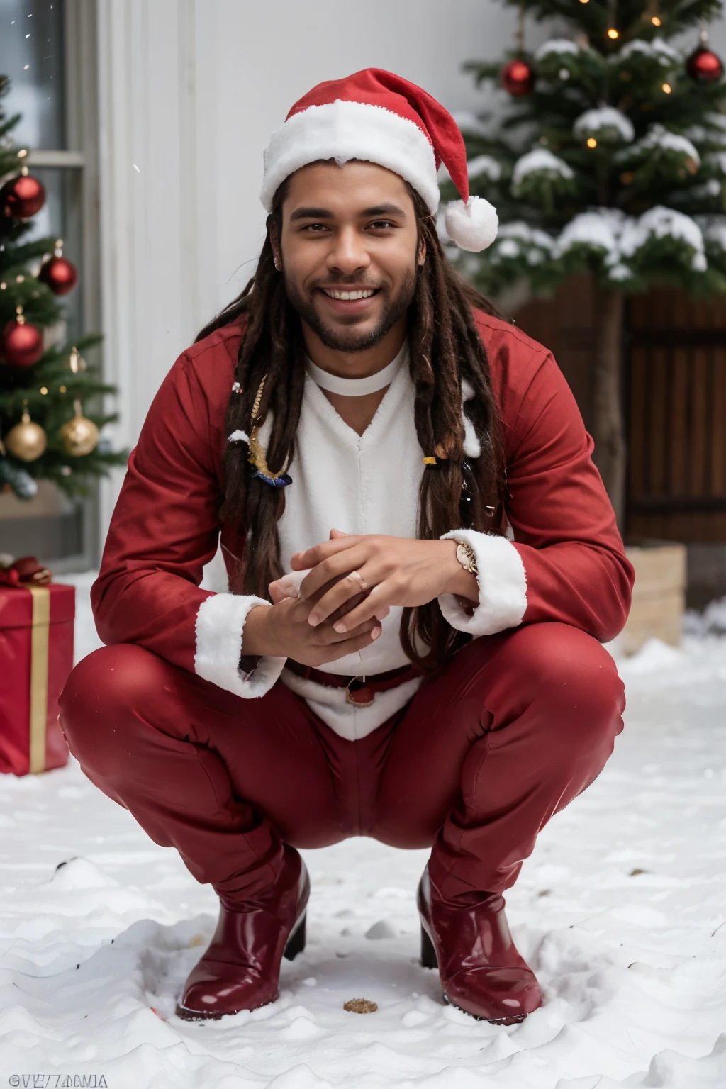 ((best quality)), ((master part)), (circunstanciado), rosto perfeito, Santa Claus of the black race of brown skin color, ultra realista, com longa barba branca encaracolada e com dreads brancos, com rosto sem rugas, olhando para a camera com um leve sorriso, majo, corpo esbelto, magro e elegante, alto, santa hat, traje de veludo completo de papai noel, Luvas, botas, red long pants, surrounded by snow with a beautiful Christmas tree behind full of beautiful gift wraps, in Saint Petersburg, Russia, obra-prima,Imagens 4K,melhor qualidade