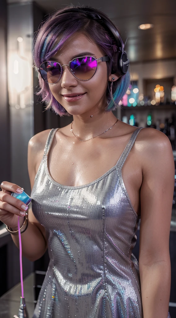 girl wearing grey color mini dress standing in a bar, short hair, rainbow hair, shiny hair, goggles on head, sunglasses, headphones, glowing eyes, heart earrings, makeup, smile, shy, happy, cinematic lighting, close-up, Eye-Level Shot, masterpiece, UHD, super detail