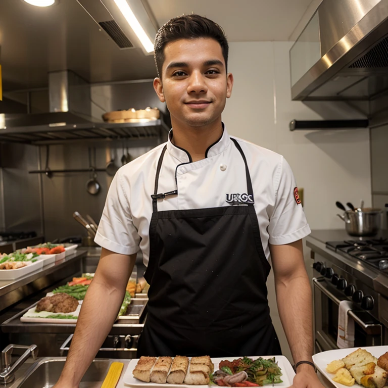 Um jovem Churrasqueiro loiro com uniforme de cozinheiro