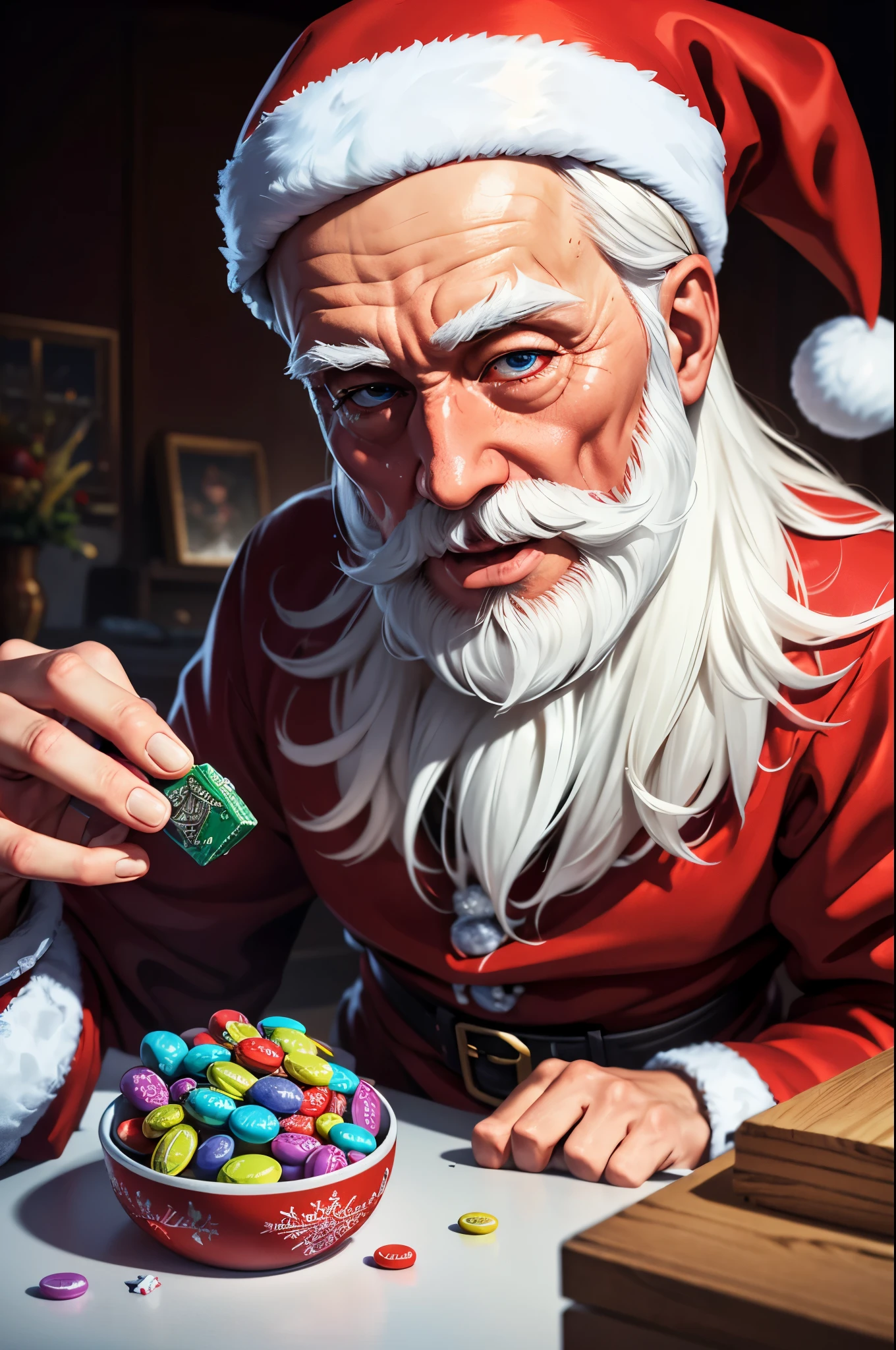 (best quality)++, (Meisterwerk)++, (Detailliert)+ Perfect ultra photorealistic Santa consuming LSD trip und ecstasy Pills, vivid drug induced hallucinations