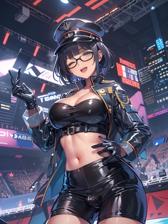 nsfw,(super fine illustration,8K CG wallpaper,best quality,extremely detailed,ultra high res,best aesthetic),(cowboy shot,from front),idolmaster, {{{haruna Kamijo}}}, (25yo, beautiful girl), (beautiful brown eyes),((beautiful black hair)), ((short hair)), (((bule rim glasses))), (wet hair), (wet skin), ((sweat)), ((steam)), (flat chests,midium breasts), (tall), (slender), (((bule and white cyber suit))),((open clothes)), ((pubes-hair:1.6)), ((on stage)), ((((spread legs)))),((spread pussy:1.3)),(open mouths), (a big smile), ((stick out tongue)),(feel good), (one eye closed),(blush),(singing),((have a microphone)),((headset)),(cum on body:1.1),