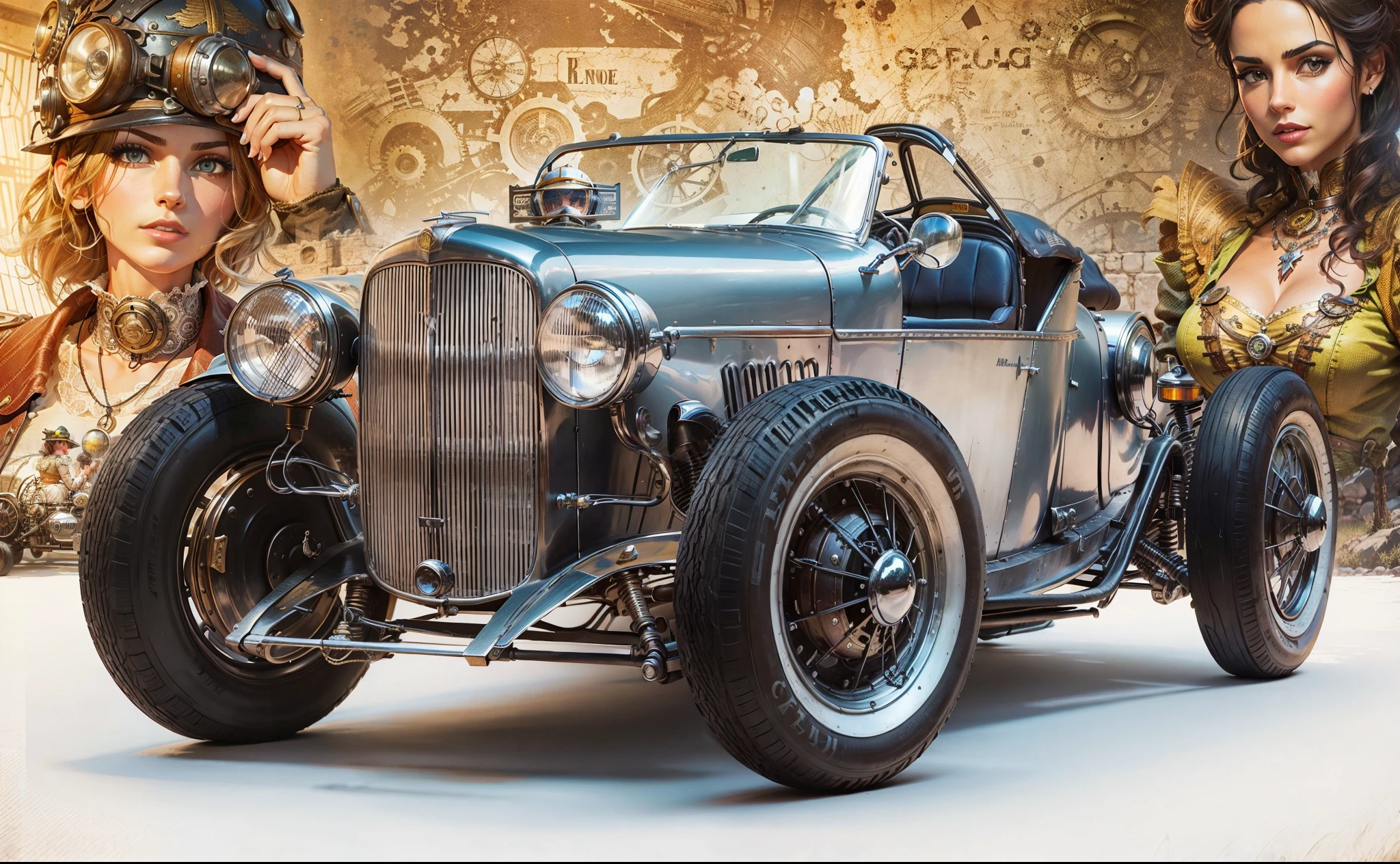 Vintage steampunk racing car parked in the foreground with two beautiful female racers with racing helmet and goggles and steampunk racing clothes, in the background vintage racing car in front of steampunk buildings
