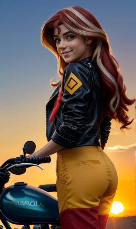 1 hermosa chica Europea , 16yr old , Sunsethuman , Sunset Shimmer from my little pony, Sunset Shimmer in the form of a girl  , mlp , pechos grandes , linda blusa azul , small black jacket , pantalon de mezclilla azul ajustado , botas largas con tacon estilo motociclista , cinco dedos, manos detalladas, dos tonos de pelo, cabello rojo y amarillo , ojos color turqueza , esena completa, fondo variado ,  hermosa sonrisa , lindo maquillaje , labios rojos , posando y saludando para foto , fondo variado , motocicleta