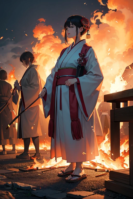 (best quality,4k,8k,highres,masterpiece:1.2),ultra-detailed,(realistic,photorealistic,photo-realistic:1.37),people standing around a fire, a large fire in the middle, burning scene in the background, Japanese live-action movie, Japanese visual effects, scene from a live-action movie, bonfire, movie still, opening scene, fire composed of binary code, midsummer night, scene from a Japanese horror movie