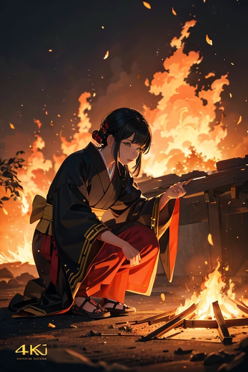 (best quality,4k,8k,highres,masterpiece:1.2),ultra-detailed,(realistic,photorealistic,photo-realistic:1.37),people standing around a fire, a large fire in the middle, burning scene in the background, Japanese live-action movie, Japanese visual effects, scene from a live-action movie, bonfire, movie still, opening scene, fire composed of binary code, midsummer night, scene from a Japanese horror movie