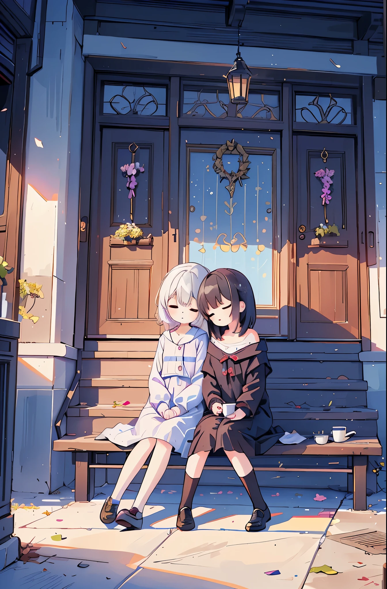 (best quality,4k,8k,highres,masterpiece:1.2),ultra-detailed,(realistic,photorealistic,photo-realistic:1.37),HDR,UHD,studio lighting,ultra-fine painting,sharp focus,physically-based rendering,extreme detail description,professional,vivid colors,bokeh,,2girls,side by side,leaning to each other,nap,looking up,sitting on floor,porch