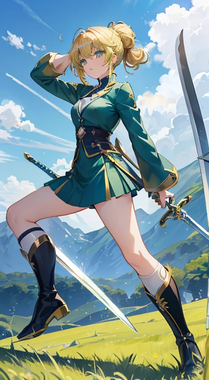 (Anime-style: 1.2), (Golden-haired character: 1.3), (Green-eyed: 1.2), (Updo hairstyle: 1.1), (Blue-themed attire: 1.3), (Sword plunged into the ground: 1.3), (Dynamic pose: 1.3), (Profile: 0.7), (Standing girl: 1.1), (Boots: 0.9), (Grassland: 1.3), (Clear sky: 1.0), (Back)