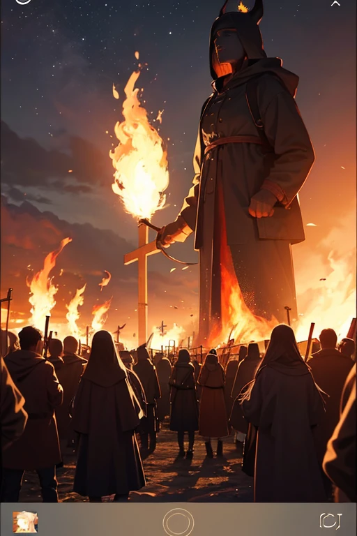 People walk around the fire，There is a cross on the fire, Midsummer Eve, wicker man, Midsummer Eve, full scene shot, Burning scene in the background, bonfires, People who face the Circle of Fire, screenshots from movies, witch burning, Opening scene, Midsummer style, movie screen shot, body made of fire, Shoot at night