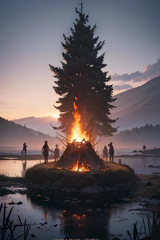 (a group of people walking around a fire),(a cross on top of the fire),midsummer night,a figure made of willow branches,full scene shot,burning scene in the background,bonfire,people facing the fire,movie screenshot,burning witch,opening scene,midsummer style,movie screen capture,body made of fire,nighttime shooting,(best quality,4k,8k,highres,masterpiece:1.2),ultra-detailed,(realistic,photorealistic,photo-realistic:1.37),HDR,UHD,studio lighting,ultra-fine painting,sharp focus,physically-based rendering,extreme detail description,professional,vivid colors,bokeh,portraits,landscape,horror,anime,sci-fi,photography,concept artists,color palette,firelight