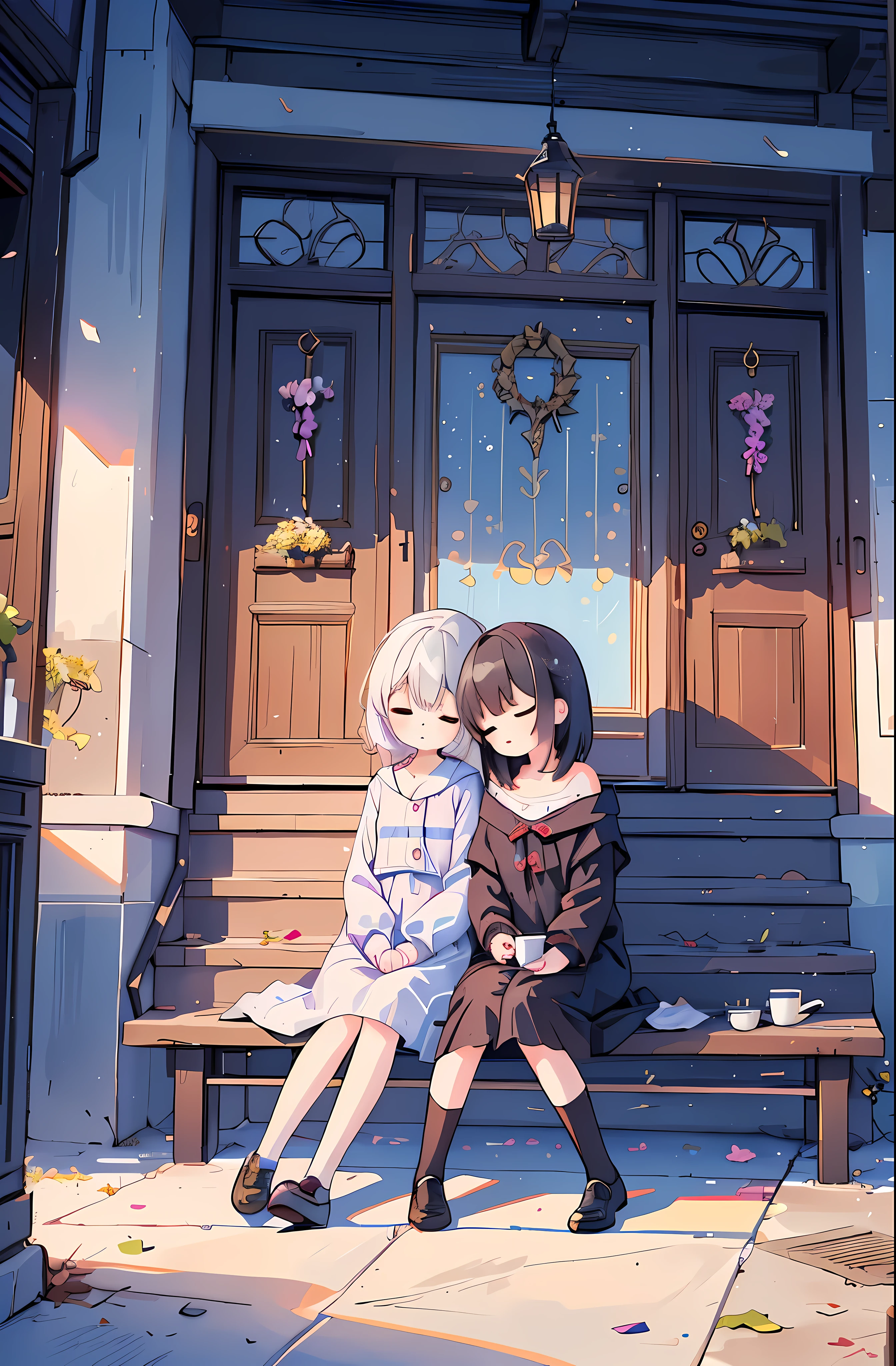 (best quality,4k,8k,highres,masterpiece:1.2),ultra-detailed,(realistic,photorealistic,photo-realistic:1.37),HDR,UHD,studio lighting,ultra-fine painting,sharp focus,physically-based rendering,extreme detail description,professional,vivid colors,bokeh,loli,2girls,side by side,leaning to each other,nap,looking up,sitting on floor,porch