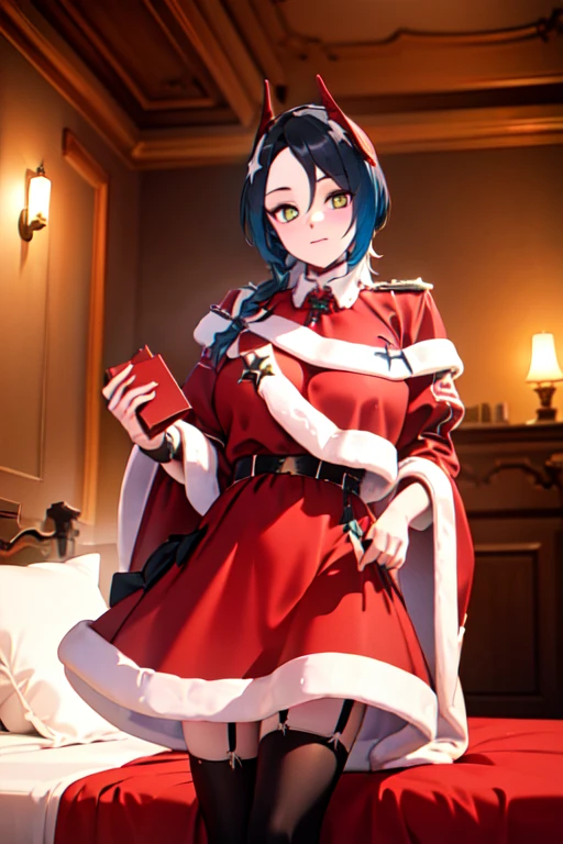 "Ulrich von Hutten from azur lane , Santa Claus costume with no bear, giving a gift to the viewer, cozy house, Christmas decorations, illustration, high quality, ultra-detailed, realistic, vivid colors, warm lighting"