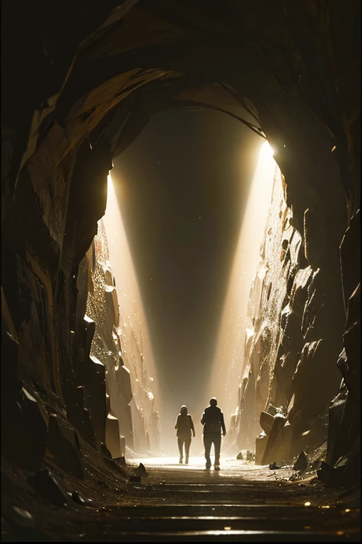 Two people walking in a dark tunnel with lights on, movie still dnd, In a cave. underexposed, movie still movie, Still from a live action movie, screenshots from movies, cinematic Film still from, Still in the movie, The movie is still in 8k, Still in the movie, taken from movie, Horror movies remain