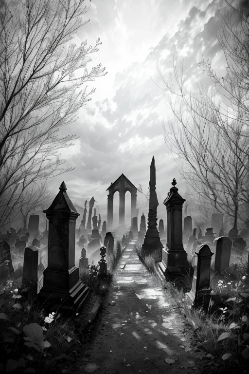 an abandoned cemetery. Monochrome watercolor style (tons de cinza) e bico de pena com nanquim. sem humanos na imagem.