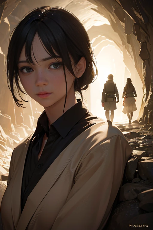 (best quality,4k,8k,highres,masterpiece:1.2),ultra-detailed,(realistic,photorealistic,photo-realistic:1.37),two people walking in a dimly lit tunnel, cinematic, inside a cave, under-exposed, cinematic still, still from a live-action film, cinematic shot, cinematic 8k, from a film, horror film-like