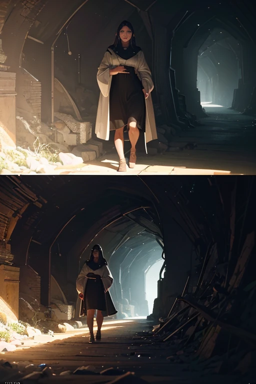 (best quality,4k,8k,highres,masterpiece:1.2),ultra-detailed,(realistic,photorealistic,photo-realistic:1.37),two people walking in a dimly lit tunnel, cinematic, inside a cave, under-exposed, cinematic still, still from a live-action film, cinematic shot, cinematic 8k, from a film, horror film-like