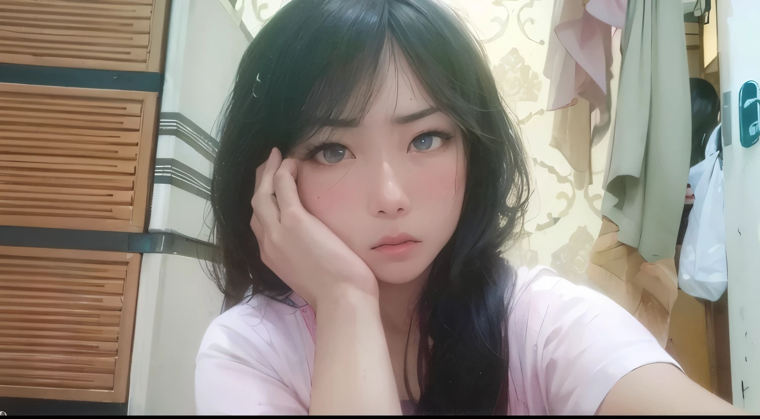 Masterpiece, best picture quality, 1 beautiful girl, detailed eyes, swollen eyes, brown hair, long hair, fair skin, sexy, cute, Japanese woman, Asian beauty, magical world, moonlight, abandoned building, strong eyes, professional lighting, bright lighting, double eyelids, slender, assassin, Black clothes, angry expression, holding a Japanese sword,