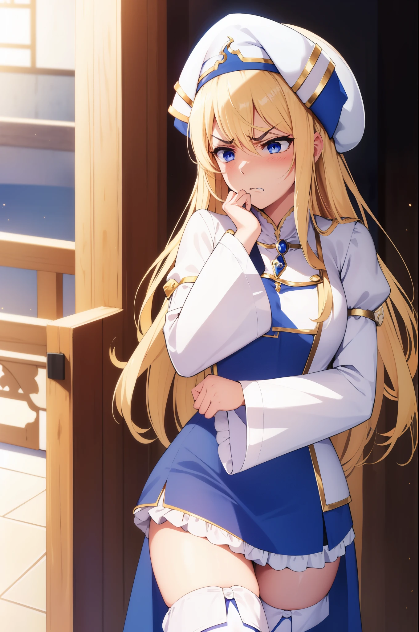 priestess, blonde hair, blue eyes, long hair, hair between eyes,
boots, dress, frilled sleeves, frills, hat, white headwear, pelvic curtain, high heels, robe, thigh boots, thighhighs, white thighhighs, long sleeves, puffy sleeves,((looking disgusted)) very angry disappointed