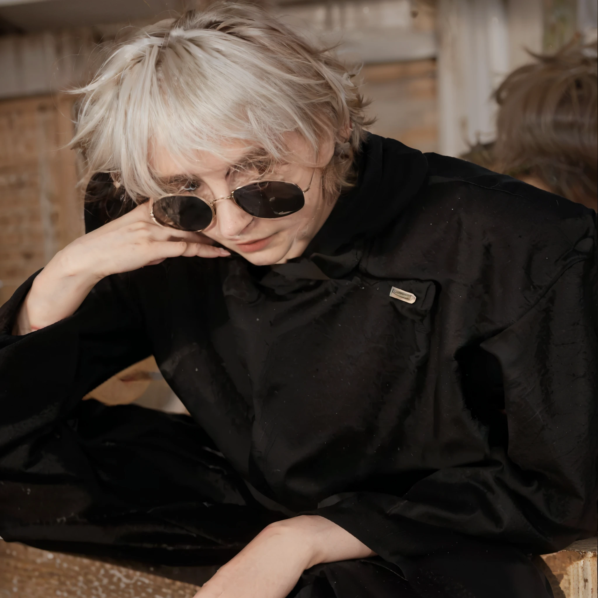 Hombre con un abrigo negro y gafas de sol sentado en un banco., pelo blanco, cara del actor Timothee chalamet con el cabello blanco liso de longitud media, 2 b, 2b, XQC, cabello blanco intenso, con pelo blanco corto y ondulado, Cabello plateado