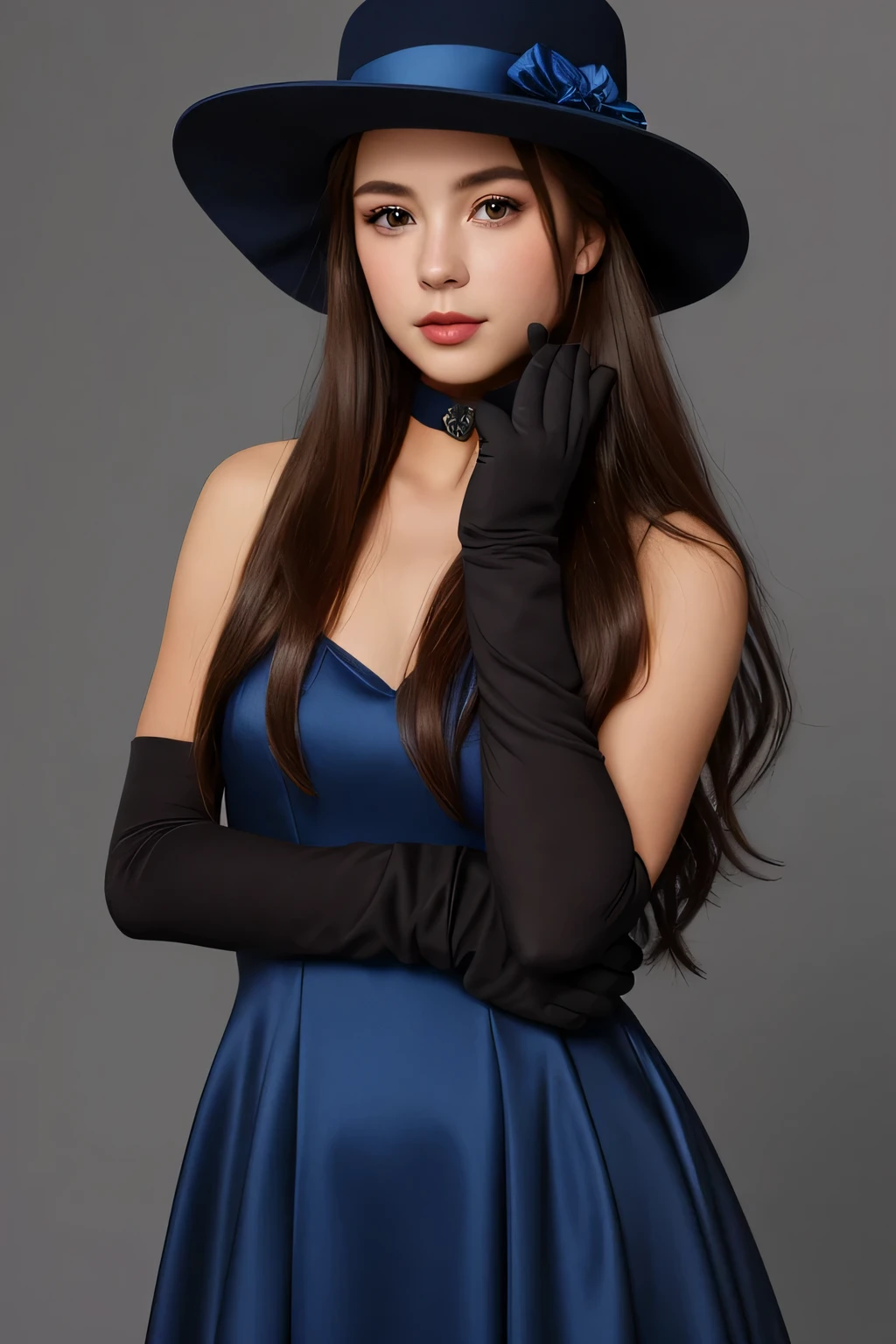 1girl, solo, gloves, dress, long hair, elbow gloves, blue dress, looking at viewer, brown eyes, brown hair, blue gloves, lips, bare shoulders, realistic, upper body, parted lips, black hair, collarbone, hat, gray background