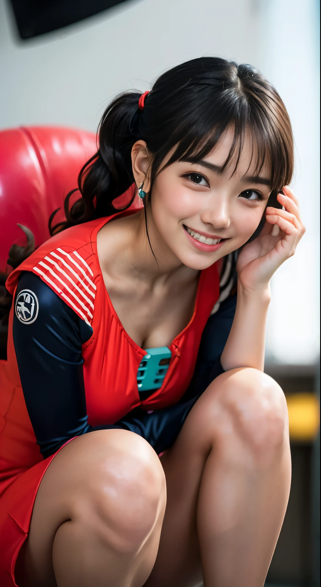 （8K、Raw photography、top-quality、​masterpiece：1.2),(Open your legs wide),(A dark-haired、poneyTail、Curly hair:1.5),watching at viewers,Looking at the front,Erotic,de pele branca,(brightly colored plug suit:1.7)、(Clothing that emphasizes the shape of your chest、exposing the skin:1.5)、(Colossal tits:1.3)、absurderes,、超A high resolution,,ren,Beautiful fece,(One Person, 独奏、without background:1.6),fullllbody,hi-school girl,A Japanese Lady,is standing,（Photorealsitic：1.37）、Photon mapping,Realistic、(Cute little face: 1.8)、(Cute smile: 1.7)、(with round face: 1.8)、Radio City、Physically Based Rendering、Foreground、depth of field rally background、a picture,beauty legs, (Knees are visible,Thigh close-up:1.5),full body Esbian、Nogizaka Idol, Japanese ido、Colossal titsle body esbian、super definition、Sit on a desk and spread your legs