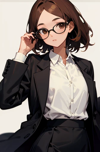 1girl, medium-length brown hair, brown eyes, glasses, open forehead, office outfit, black jacket, white shirt, black skirt