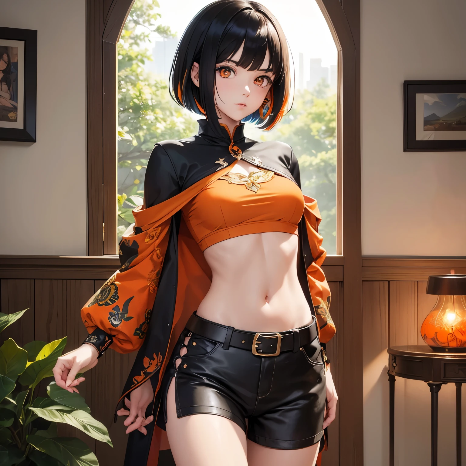 Pokémon Gardenia, Pokémon Gardenia, Black hair, bob cuts, multicolored hair, (Orange Eyes:1.5), Orange hair, flower petals, Short hair, Two-tone hair,
BREAK belt, belt buckles, buckles, Capelet, cargo Shorts, Midriff, Navel, Shorts, undershirt, Long sleeves, green Capelet, black undershirt,
BREAK looking at viewer, Full body, (Cowboy Shot:1.5),
BREAK indoors,
BREAK (masutepiece:1.2), Best Quality, High resolution, Unity 8k壁纸, (Illustration:0.8), (Beautiful detailed eyes:1.6), extra detailed face, Perfect Lighting, extremely details CG, (Perfect hands, Perfect Anatomy),