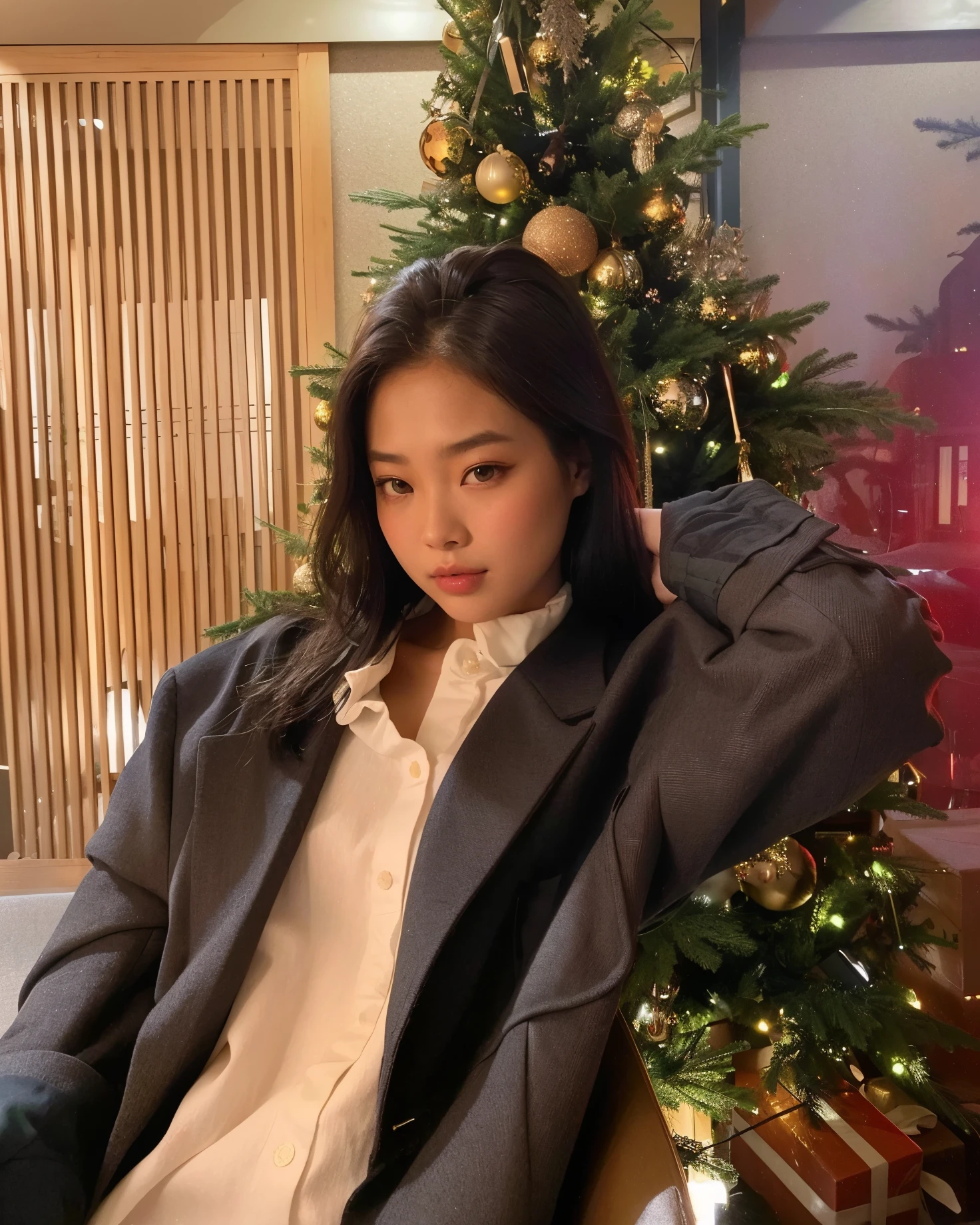 there is a woman sitting in a chair next to a christmas tree, blackpink jennie, roseanne park of blackpink, heonhwa choe, jinyoung shin, portrait of jossi of blackpink, jossi of blackpink, lee ji-eun, lee ji - eun, jaeyeon nam, park ji-min, gemma chen, sun yunjoo, shin min jeong, krystal