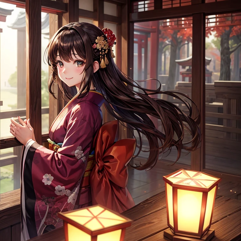 animesque、a beauty girl、First visit、kimono、shrines、present、profile、frontage、Brown hair、Black eyes glow、A smile、