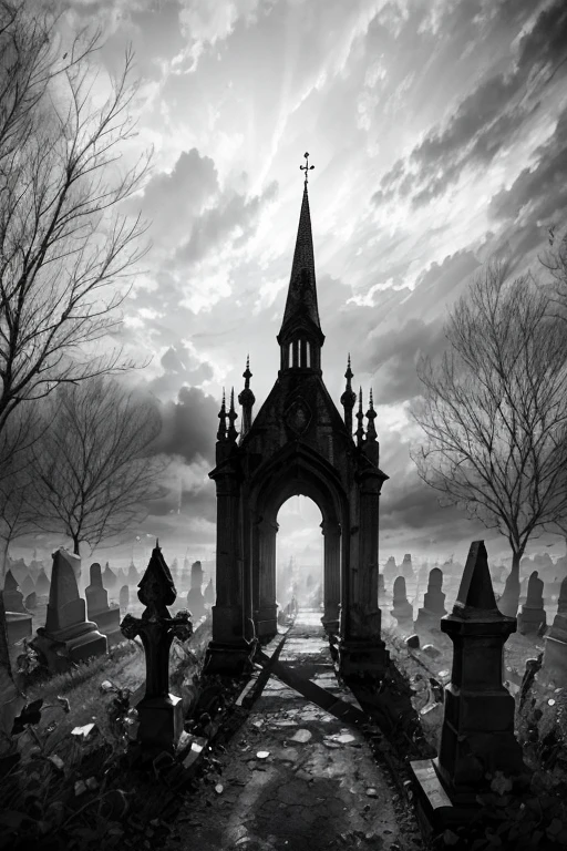 an abandoned cemetery. Monochrome watercolor style (tons de cinza) e bico de pena com nanquim. sem humanos na imagem.