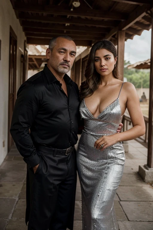 Selfie de una hermosa chica con un vestido con encaje un vestido elegante, He is with a 57-year-old man at his side..., he likes her, siempre visten elegante, The background is a farm with a very elegant black marble finish, el.es un narco, un mafioso( there are bodyguards behind) y ella es su mujer, la patrona, ella lleva vestido de con incrustaciones de diamantes, vestido lujoso