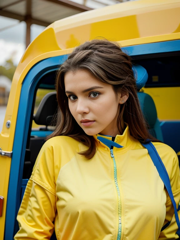 un primer plano de una mujer con un uniforme de animadora azul y amarillo, Aspecto Brooke Ashling.